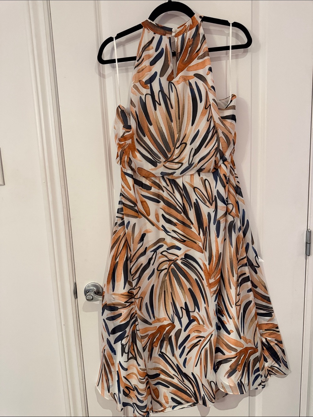 Sleeveless Halter Midi Dress in Cream with Tan & Navy Leaf Print - Picture 3 of 5
